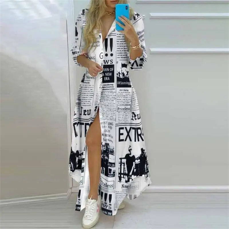 Summer Women Boho Printed Long Shirts Elegant Dress Turn-down Collar Long Sleeve Female Casual Split Shirt
