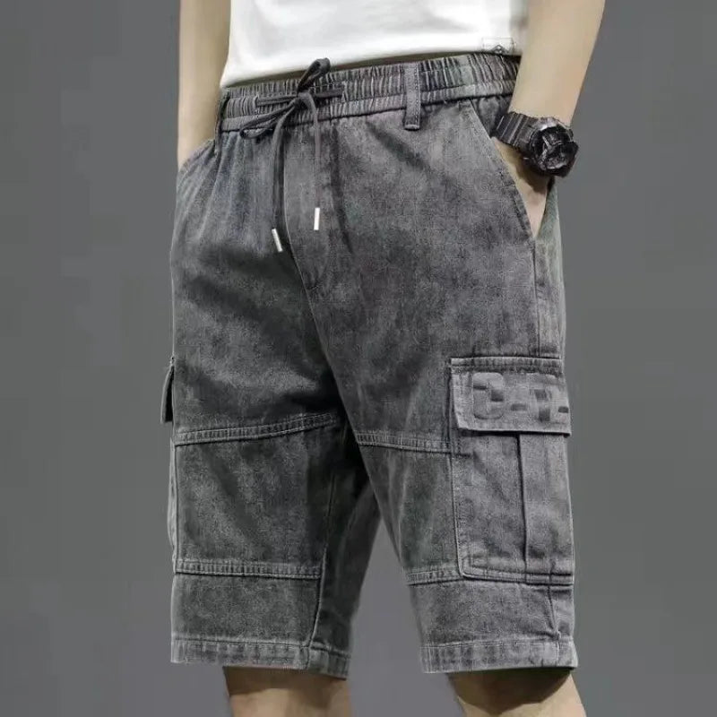 Men's Short Jeans Pants Straight Drawstring with Text Male Denim Shorts Cargo