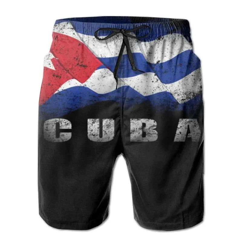 Men Cuba Pattern Beach Shorts Drawstring Quick Dry Street Loose Swimwear Surf Board Shorts