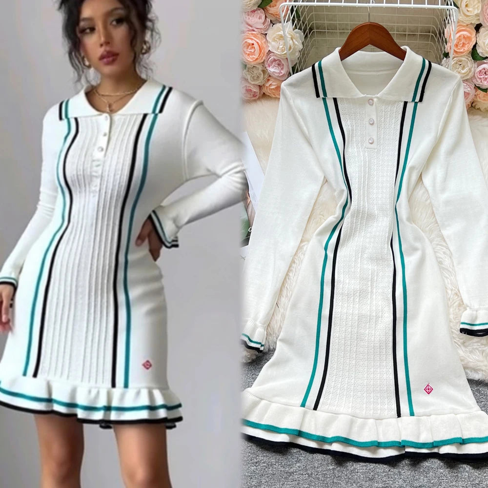 Hips Knitted Mini Dress 2026 Summer Vintage Turn-down Collar Ruffled