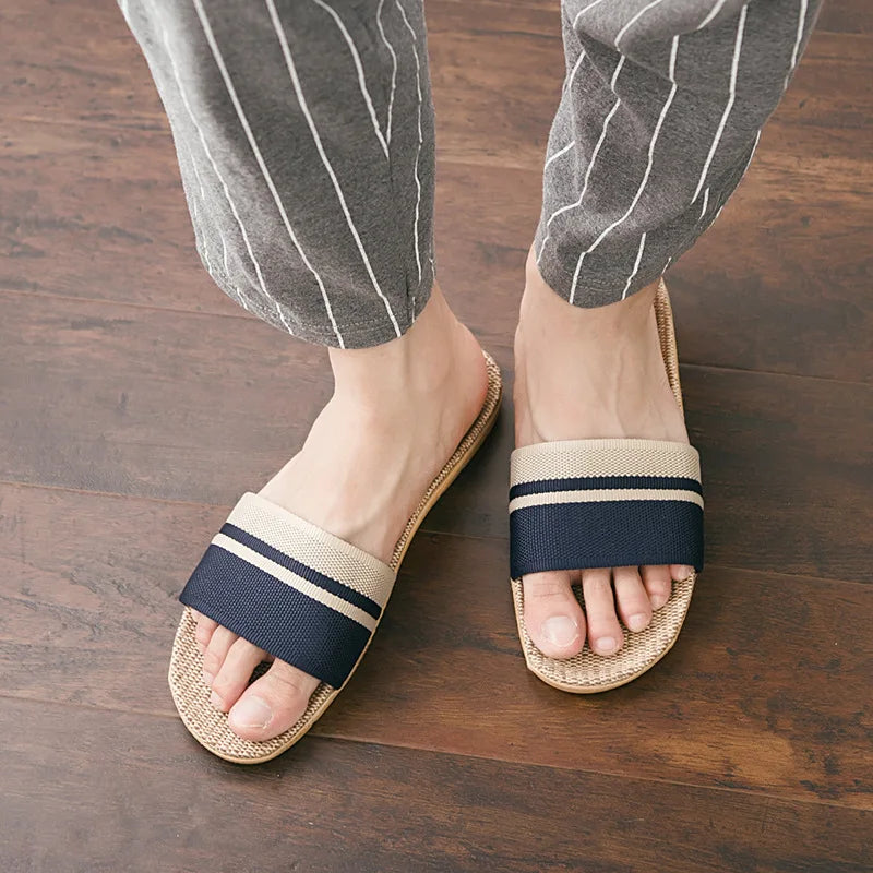 Linen Slippers Non-Slip Breathable Shoes Universal Open-Toe Home Sandals For All Seasons