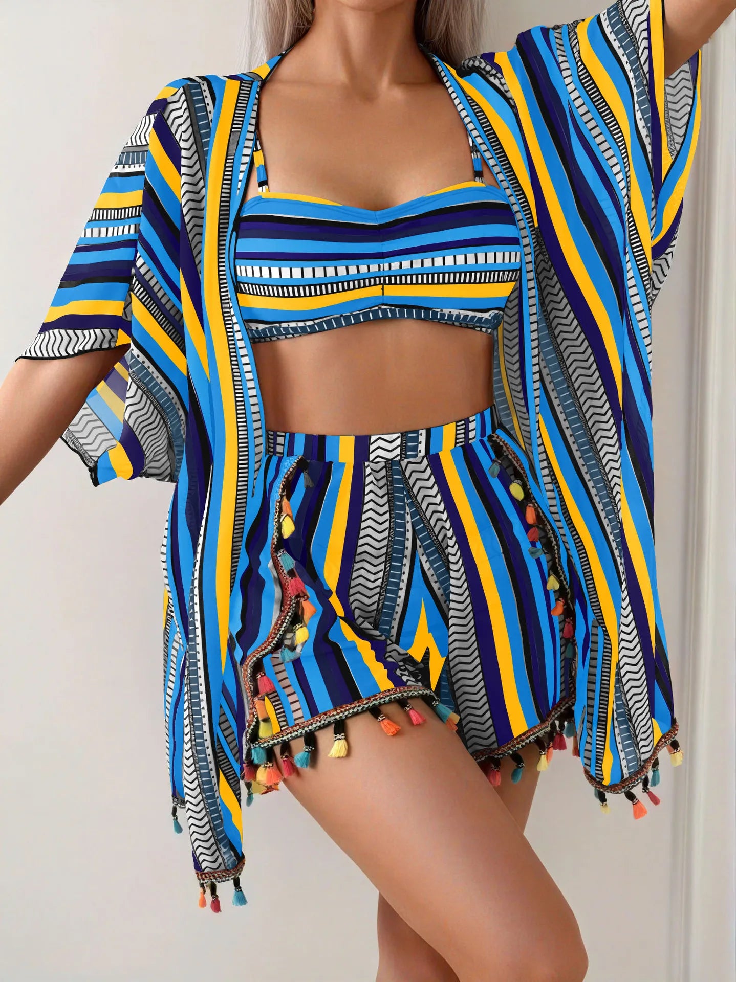 Sunscreen blouse sexy tassel bikini four-piece swimsuit women's suit