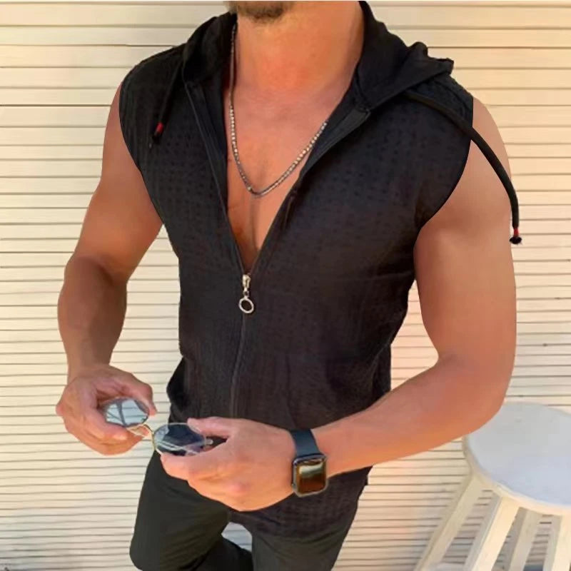Sleeveless hooded zippered cardigan T-shirt for men's summer new fashionable