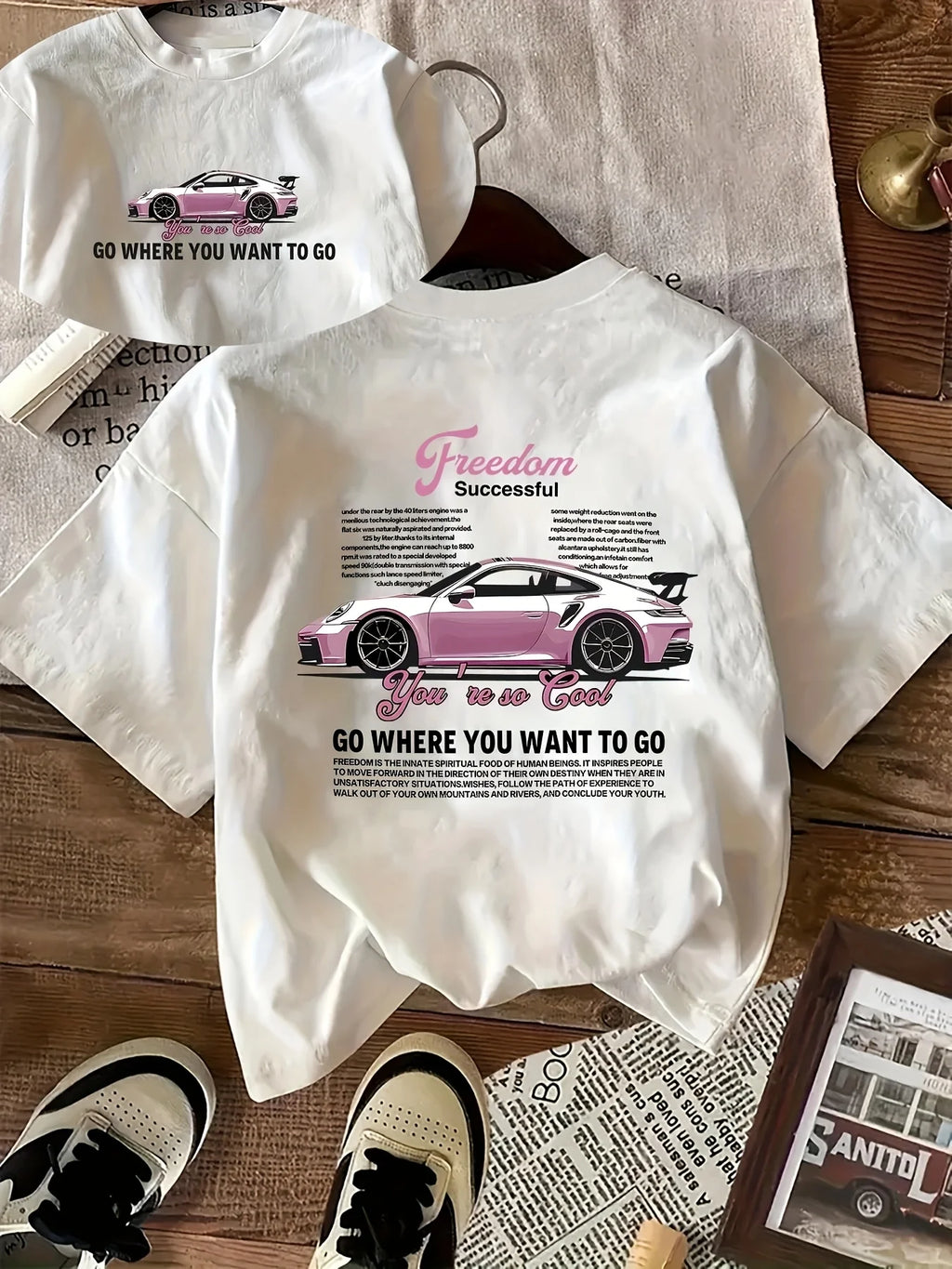 Pink Sports Car Freedom Women's Tee - Trendy Automotive Graphic, Casual Cool Top
