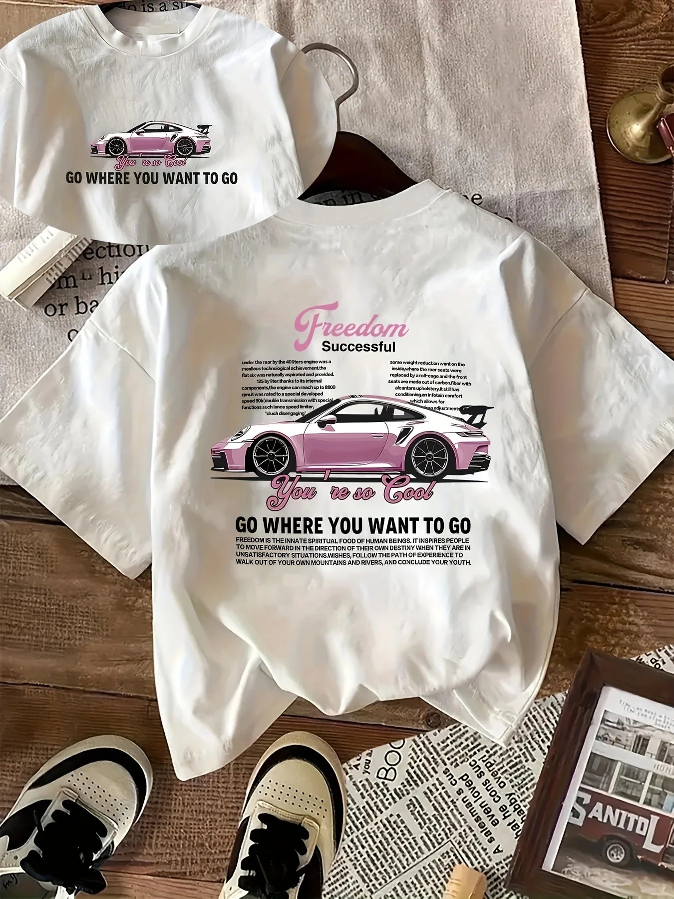 Pink Sports Car Freedom Women's Tee - Trendy Automotive Graphic, Casual Cool Top