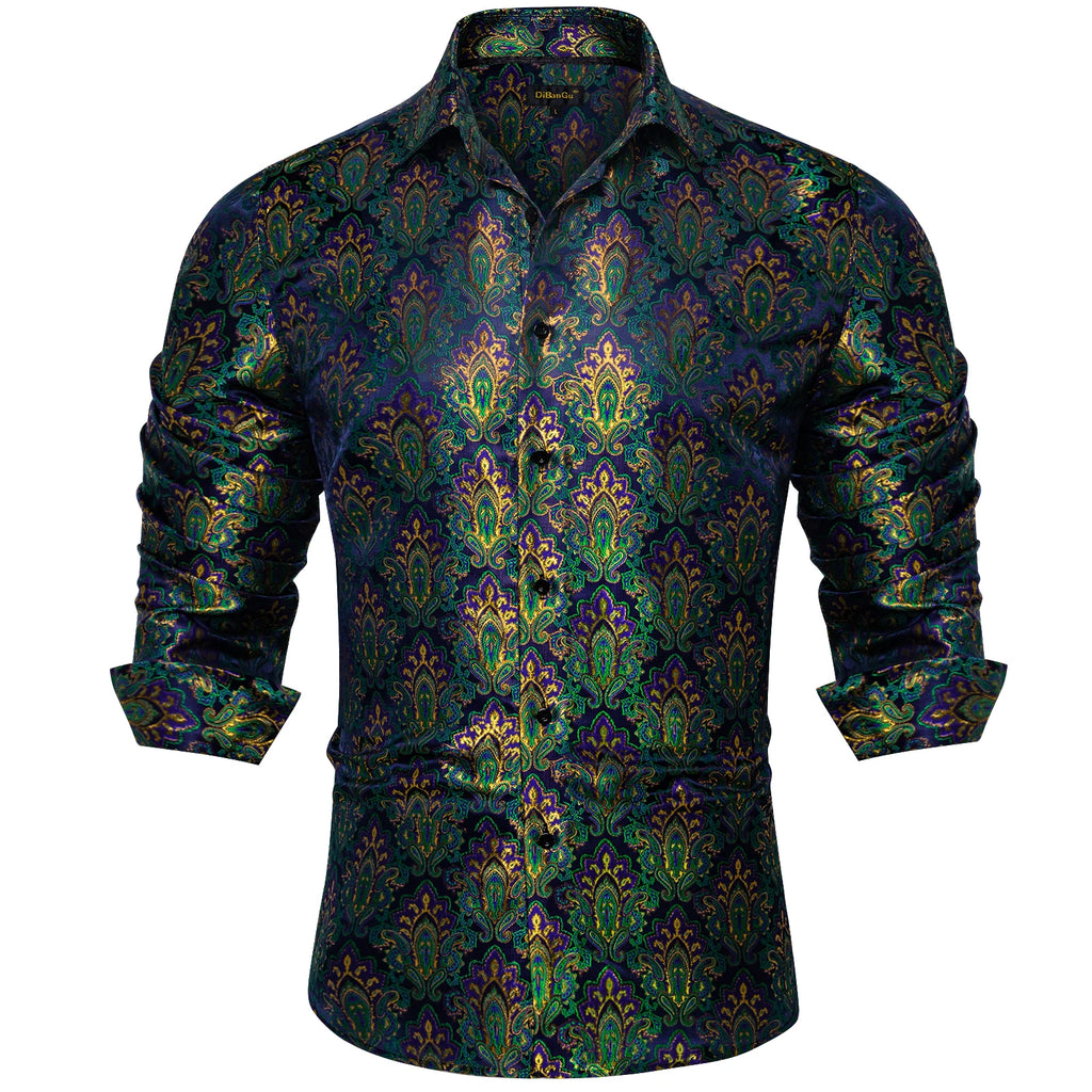 Men's Shirts Long Sleeve Polyester Dress Shirts Luxury Tuxedo Turn Down Collar Social Paisley Shirt Men Clothing