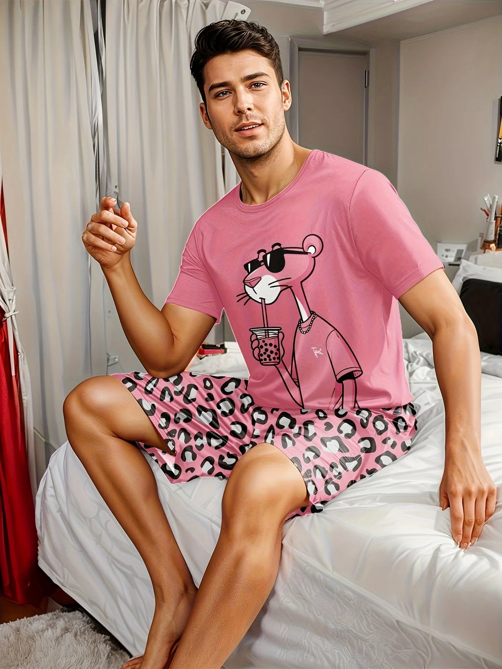 Men's Casual Pajama Set, leopard-print T-shirt and shorts, comfortable summer sleepwear