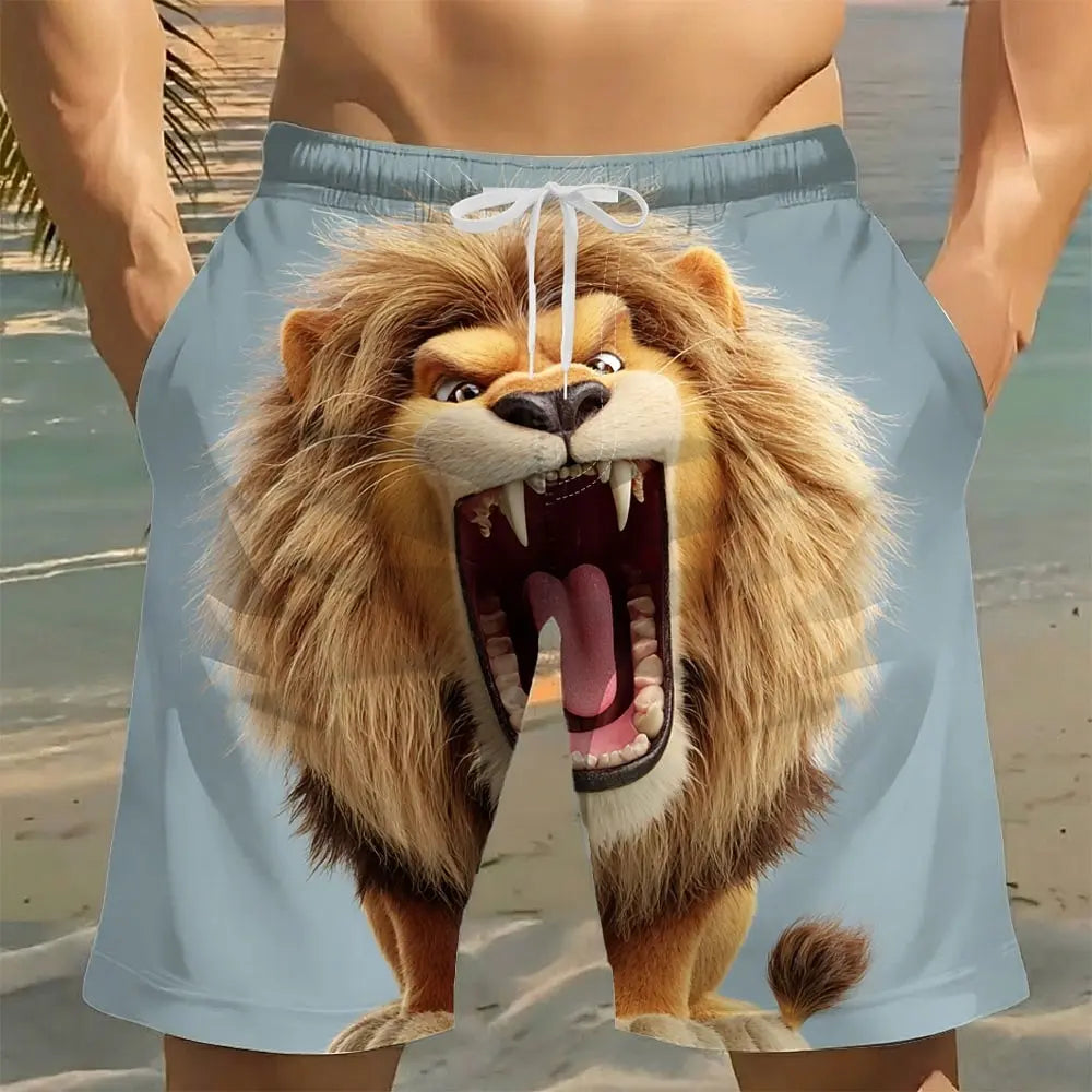 Men's Lion & Tiger Animal Print Beach Shorts, Mid Waist Drawstring Casual Shorts with Side Pockets, Vacation Outfits for Summer