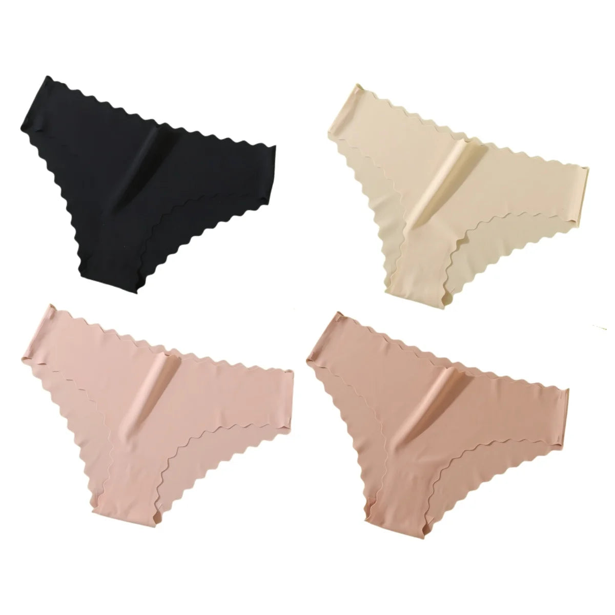 4Pcs/Set Ice Silk Mid-Rise Panties Women's Seamless Briefs Solid No Show Underwear Scalloped Edge Panties Sexy Lingerie