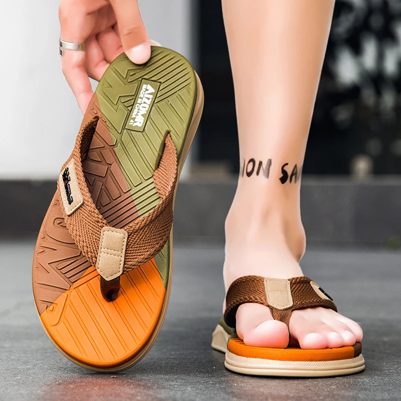 Summer trend contrasting flip flops for men wearing non-slip soft bottom braided beach sandy rubs