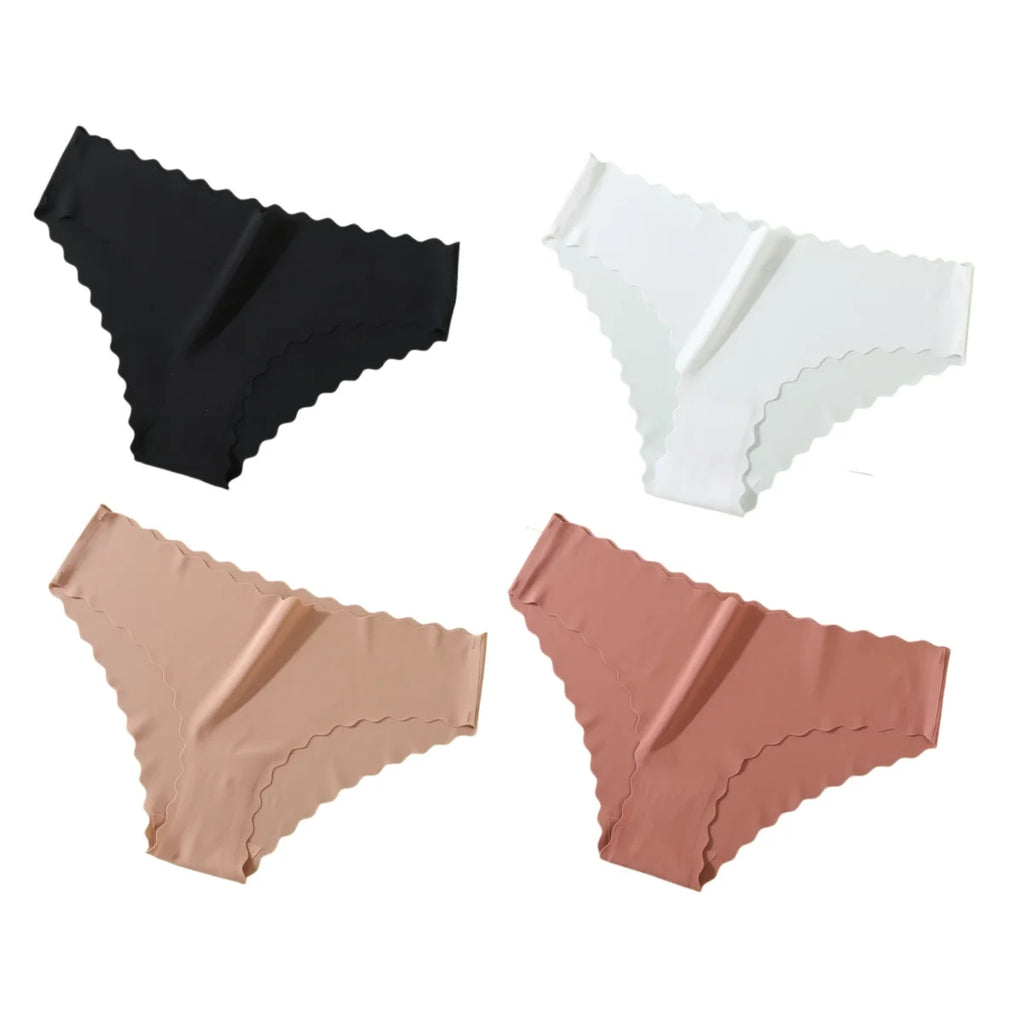 4Pcs/Set Ice Silk Mid-Rise Panties Women's Seamless Briefs Solid No Show Underwear Scalloped Edge Panties Sexy Lingerie
