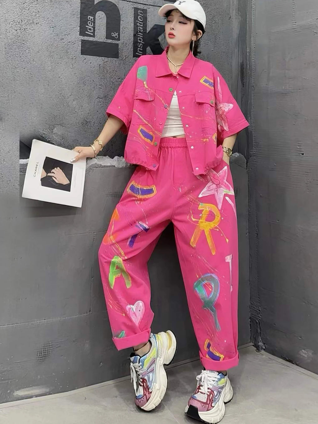 Personalized Hand-painted Denim Outfit Women 2026 Summer Short-sleeve Coat + Loose Long Pants Two-piece Set