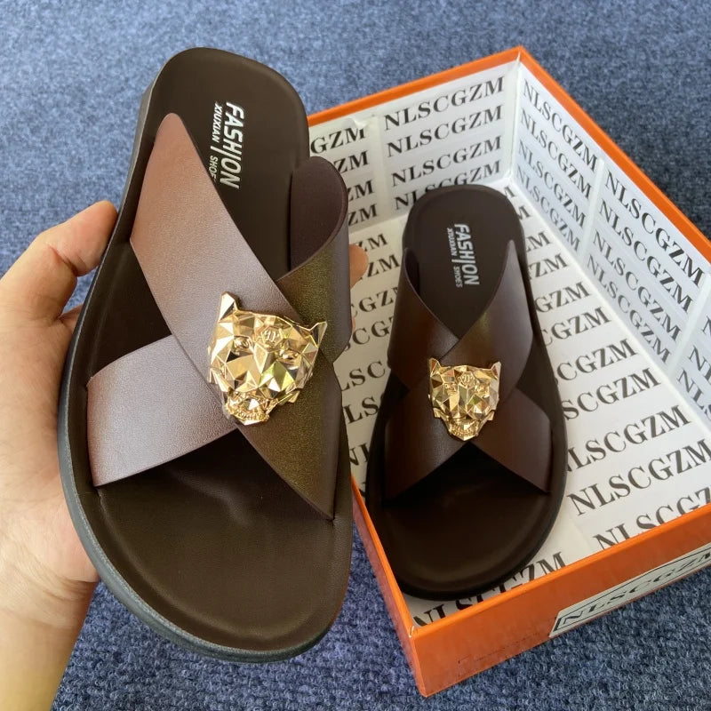 Leather slides for man black brown fashion shoes for mens slippers business beach slippers
