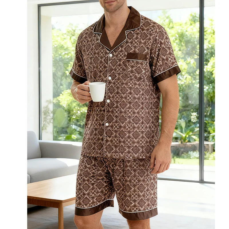 Men's Plaid Print Pajama Set Short Sleeve Lapel Top And Elastic Shorts Comfortable Perfect For Summer Sleepwear Loungewear Pjs