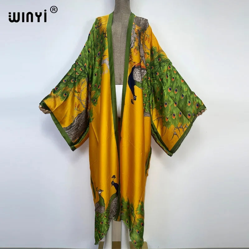 Women Cardigan stitch Cocktail sexy Boho Maxi African Holiday Batwing Sleeve Silk feeling Robe