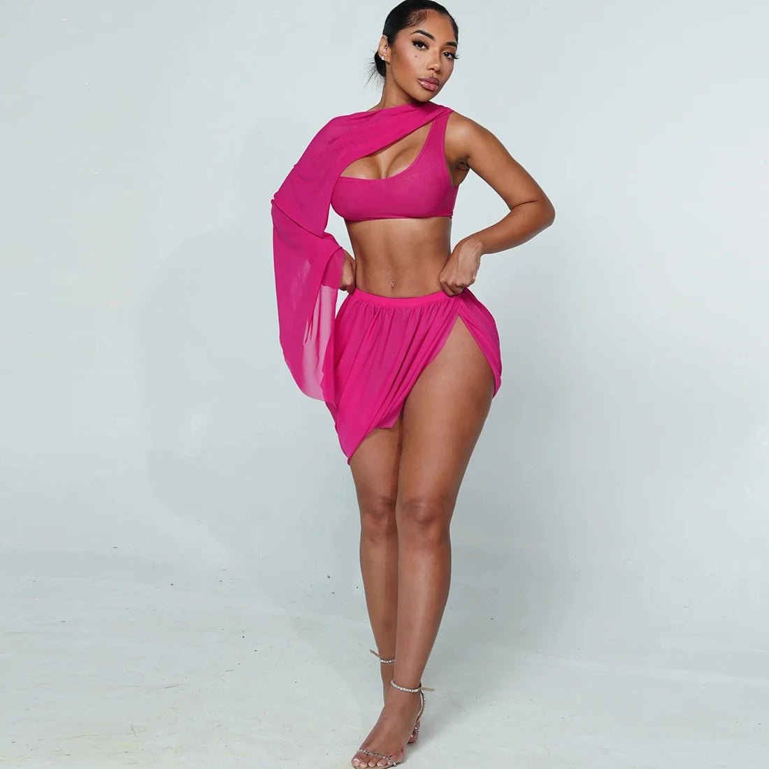 Sexy 2 Piece Set Women See Through Midnight Irregular Full Sleeve Crop Tops+Ruched Split Skirts Matching Clubwear