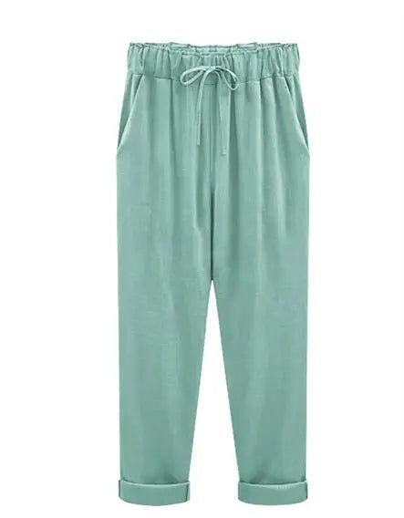 Cotton Linen Pants, Elastic Mid Waist Ankle Length Pant, Casual Women Loose Spring Pants