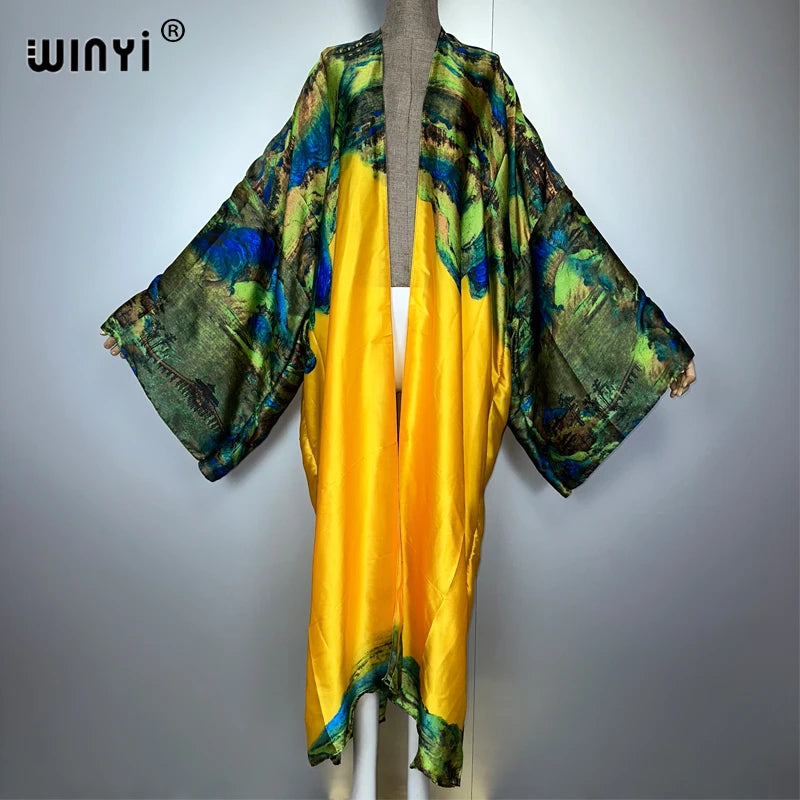 Women Cardigan stitch Cocktail sexy Boho Maxi African Holiday Batwing Sleeve Silk feeling Robe