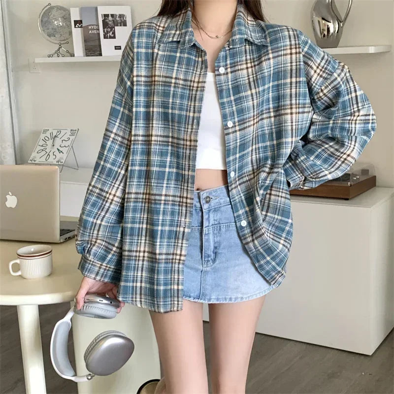 Flannel Shirts for Women Long Sleeve Collared Button-Up Tartan Plaid Shirt Jacket  Teen-girl Casual Everyday Outfit
