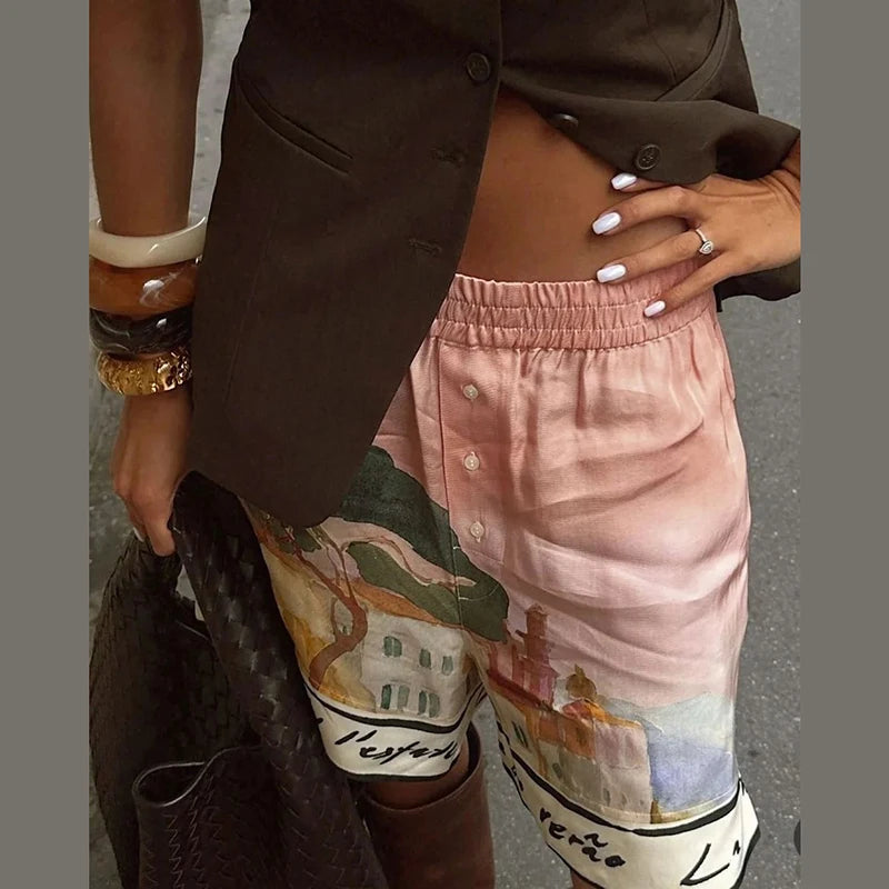 Fashion Printed 2 Piece Set Loose Lapel Button Long Sleeved Shirt Elastic Waist Shorts Suit Lady Set