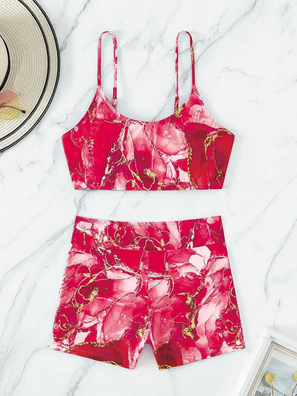 Two Pieces Marble Print Swimwear 2026 Women High Waist Swimsuit Summer Beach Wear Female Bathers Bathing Swimming Sport Suit