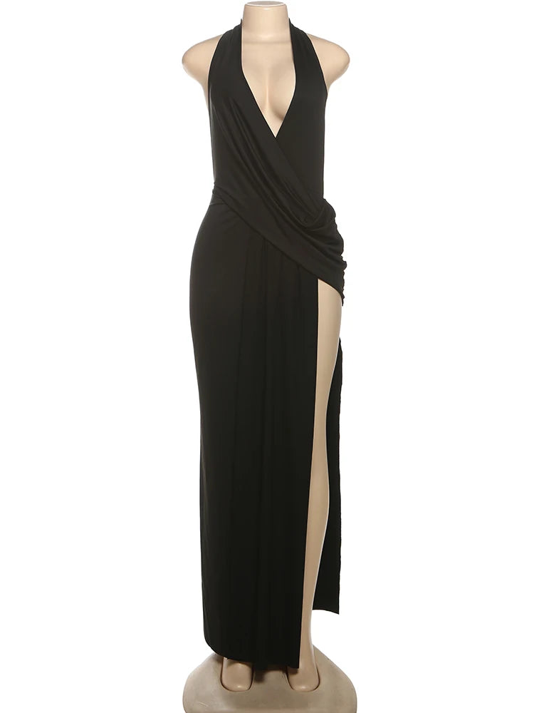 Women's Sexy High Split Long Dress Halter Deep V-Neck Backless Sleeveless Ankle-Length Polyester Elastane Summer Pool Party Dress