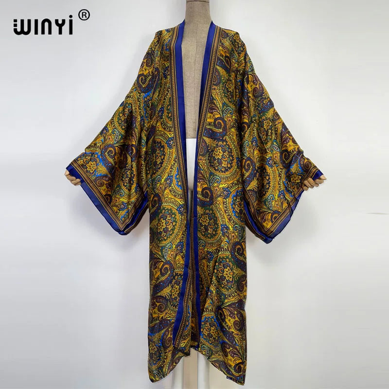 Women Cardigan stitch Cocktail sexy Boho Maxi African Holiday Batwing Sleeve Silk feeling Robe