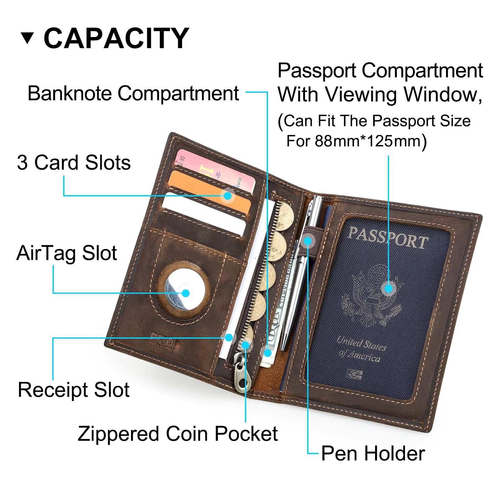 CONTACT'S Genuine Leather Passport Wallet Card Holder Coin Purse AirTag Slot Men Travel Wallet Women‘s Purse Passport Cover Bag
