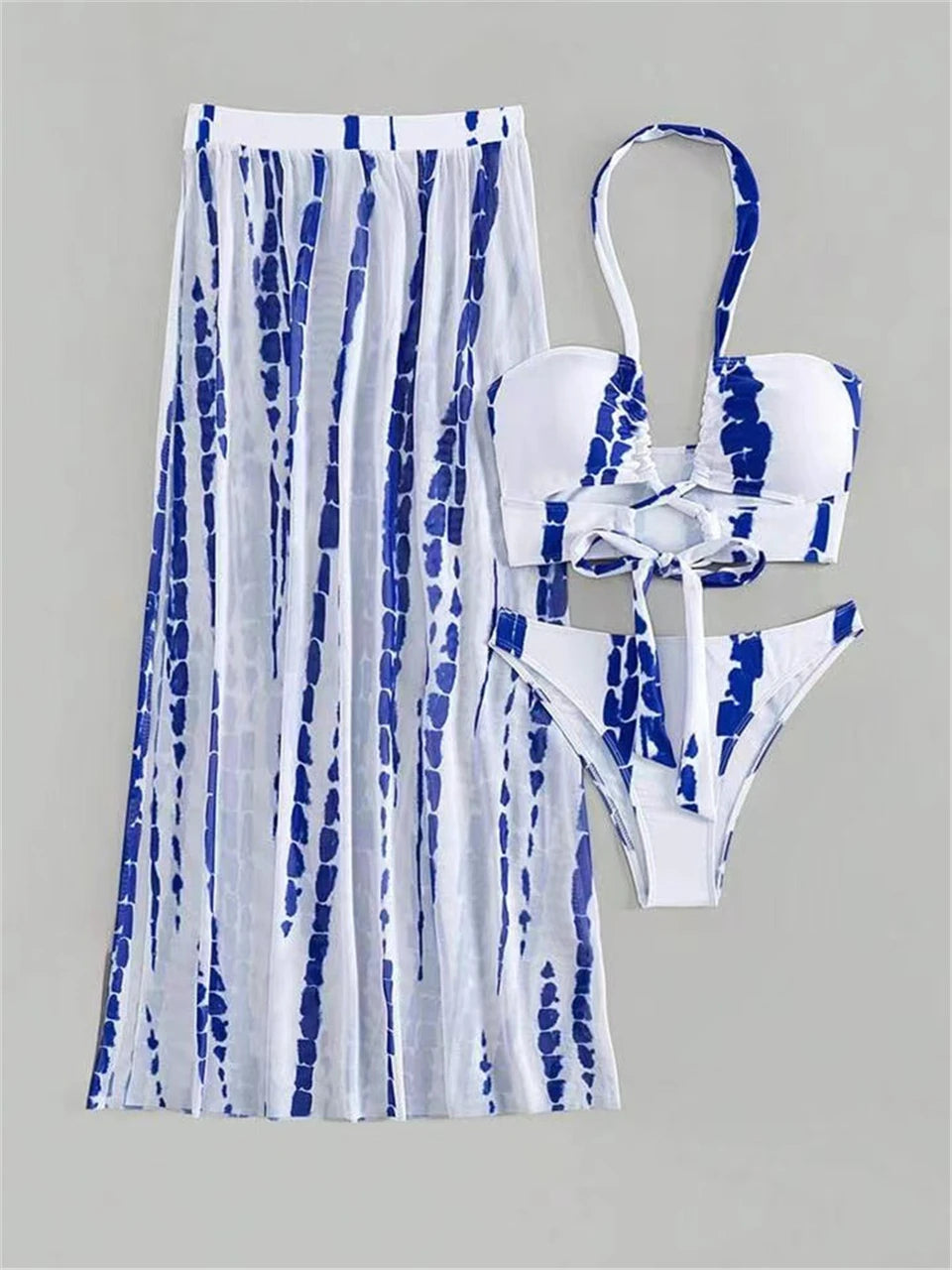 3 Pieces Tie Dye Cross Bikini, Women Sexy Halter Swimsuit & Cover Up Pants Swimwear Bathers Bathing Swimming Suit Beachwear