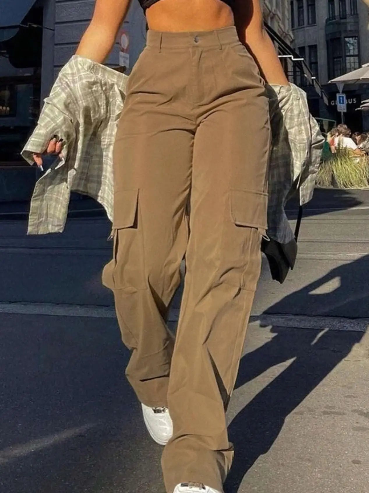 Women's Plain High Waist Cargo Pants, Pocket Button Trousers for Daily Wear, Ladies Bottoms
