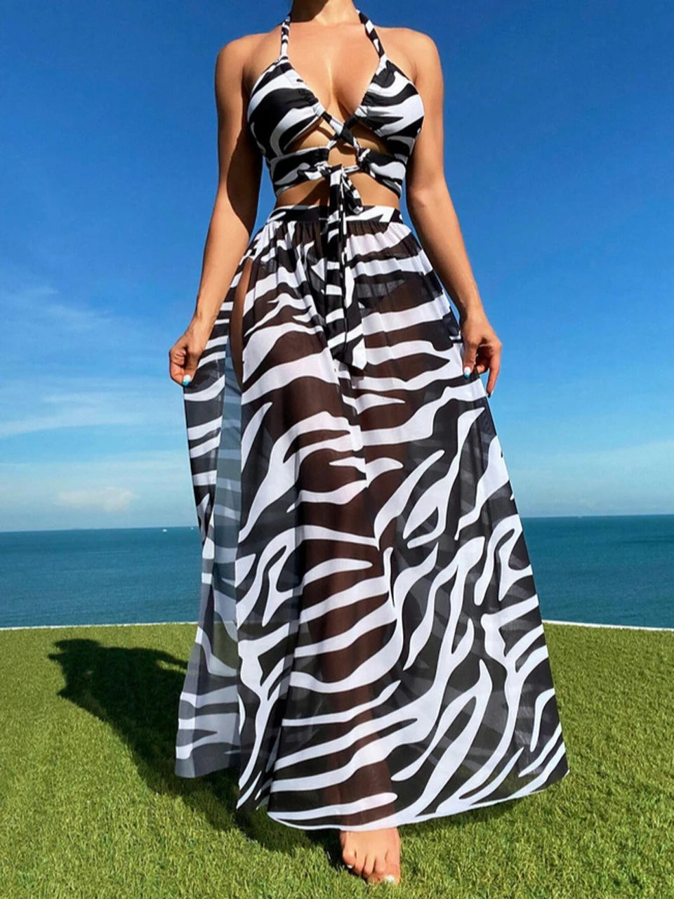 3 Pieces Tie Dye Cross Bikini, Women Sexy Halter Swimsuit & Cover Up Pants Swimwear Bathers Bathing Swimming Suit Beachwear