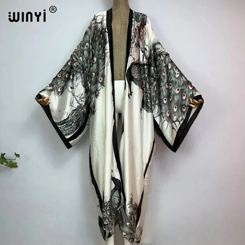 Women Cardigan stitch Cocktail sexy Boho Maxi African Holiday Batwing Sleeve Silk feeling Robe