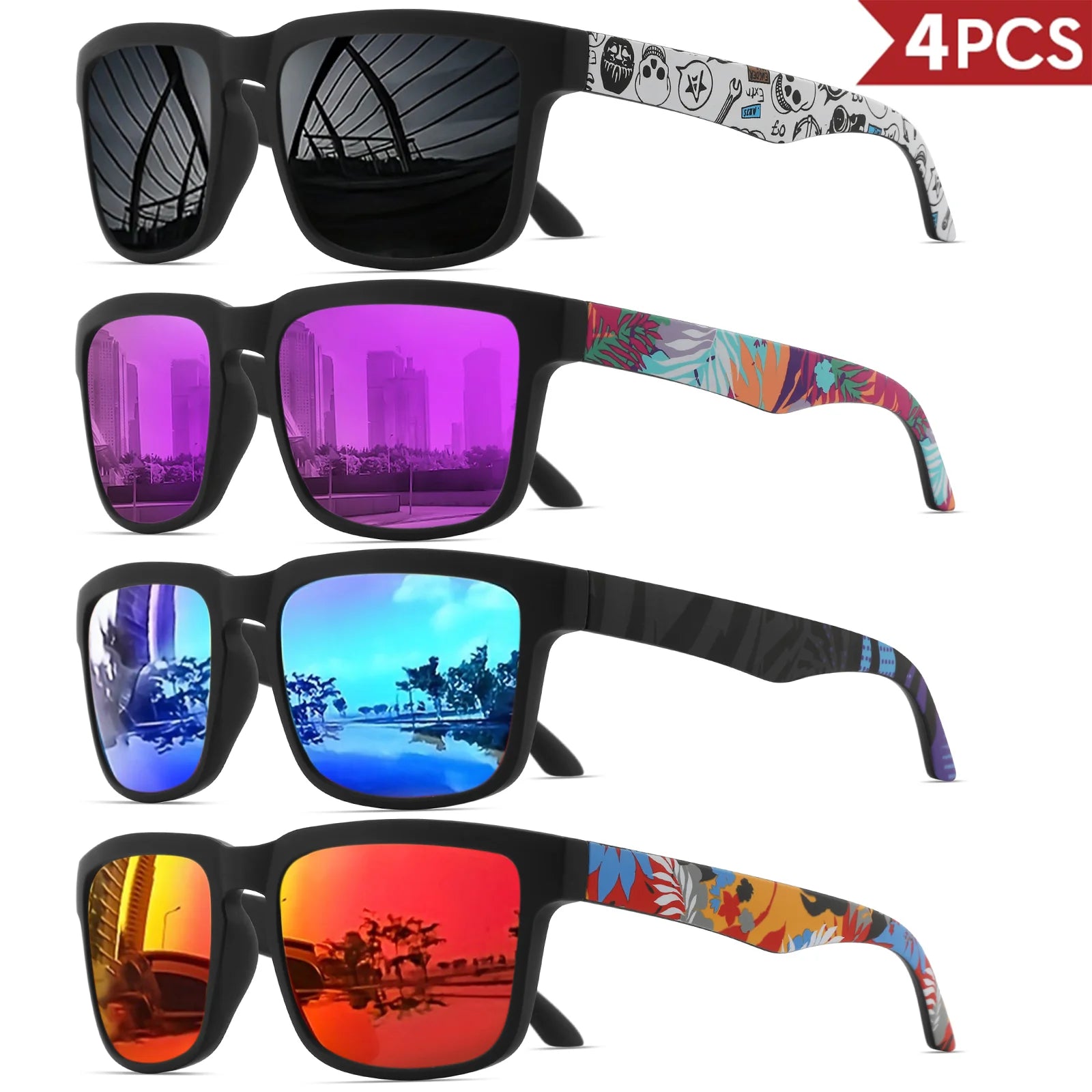 4PCS Square Sports Sunglasses with Designer Temple Pattern - UV400 for Men/Women, Beach Vacation