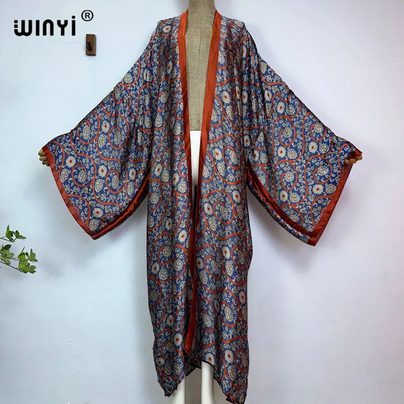 Women Cardigan stitch Cocktail sexy Boho Maxi African Holiday Batwing Sleeve Silk feeling Robe