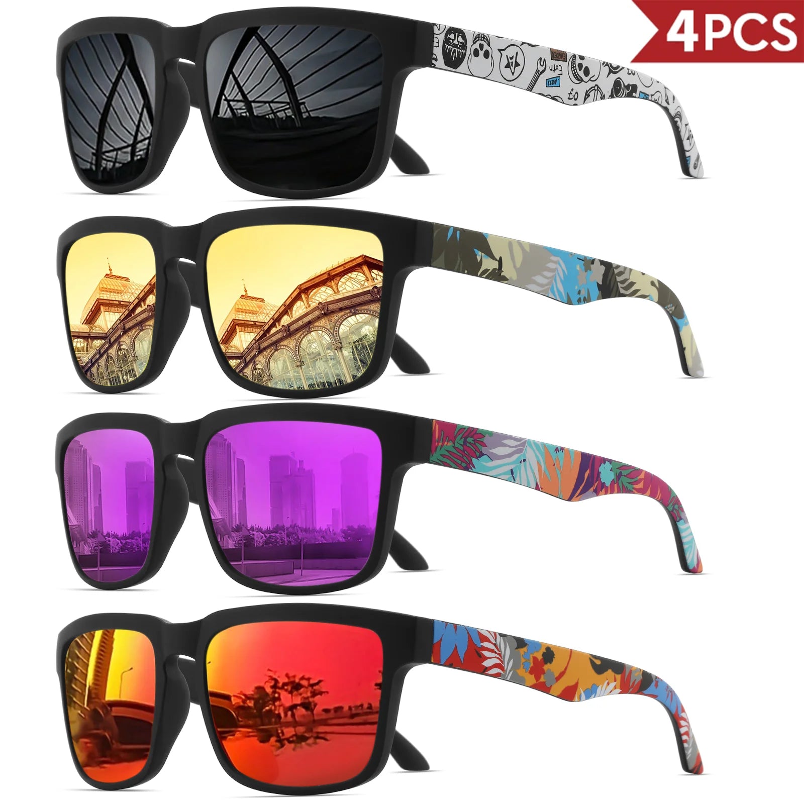 4PCS Square Sports Sunglasses with Designer Temple Pattern - UV400 for Men/Women, Beach Vacation