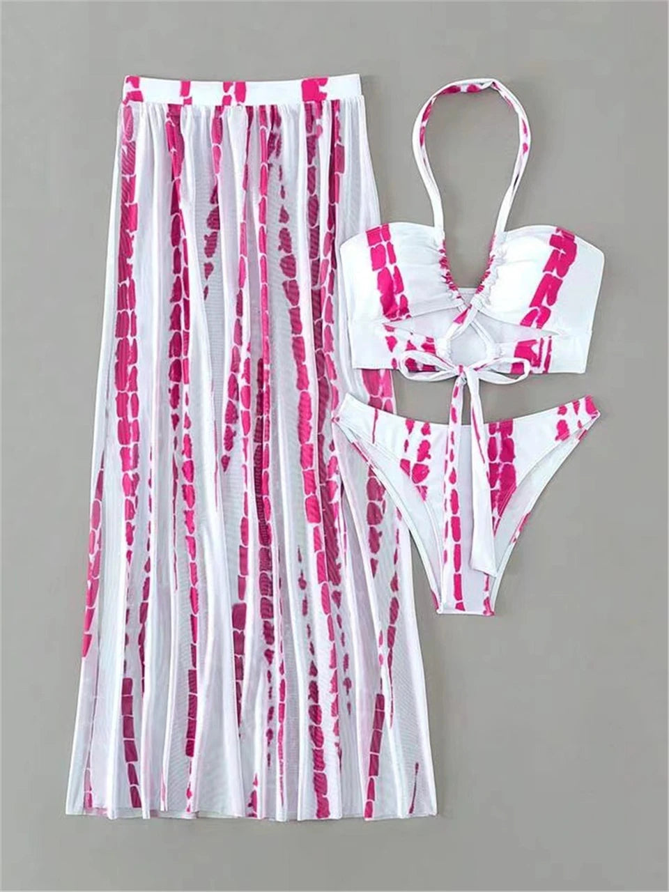 3 Pieces Tie Dye Cross Bikini, Women Sexy Halter Swimsuit & Cover Up Pants Swimwear Bathers Bathing Swimming Suit Beachwear