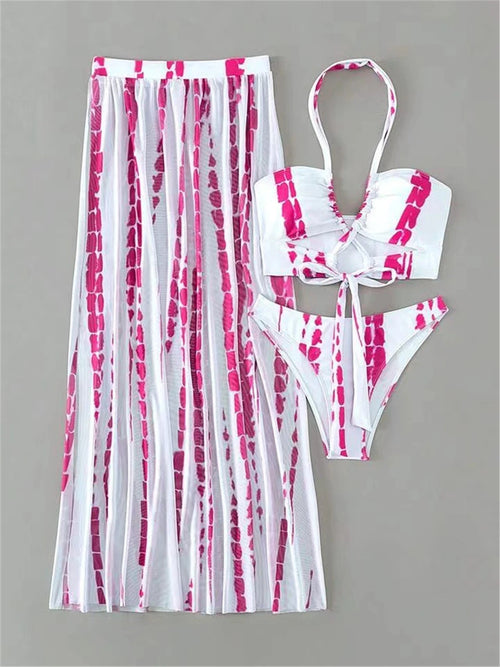 3 Pieces Tie Dye Cross Bikini, Women Sexy Halter Swimsuit & Cover Up Pants Swimwear Bathers Bathing Swimming Suit Beachwear