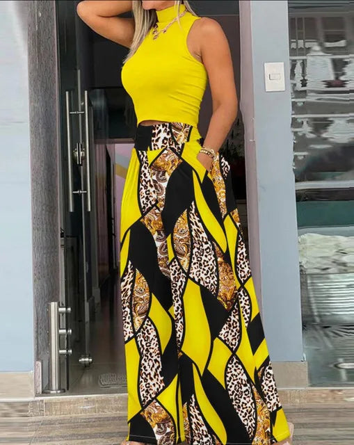 Plus Size Printing Two Piece Set Women Casual Solid Sleeveless Tank Top Wide Leg Pants Two Piece Set 2026 Fashion Clothing