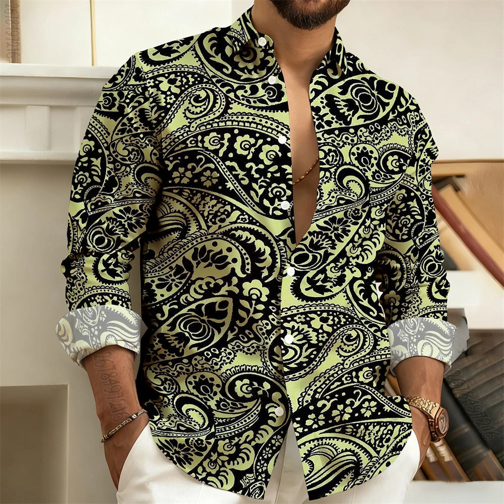 Men's Long-Sleeved Shirt with Paisley Cashew Pattern Print, Vintage, Comfortable, and Stylish Casual Men's Lapel Top
