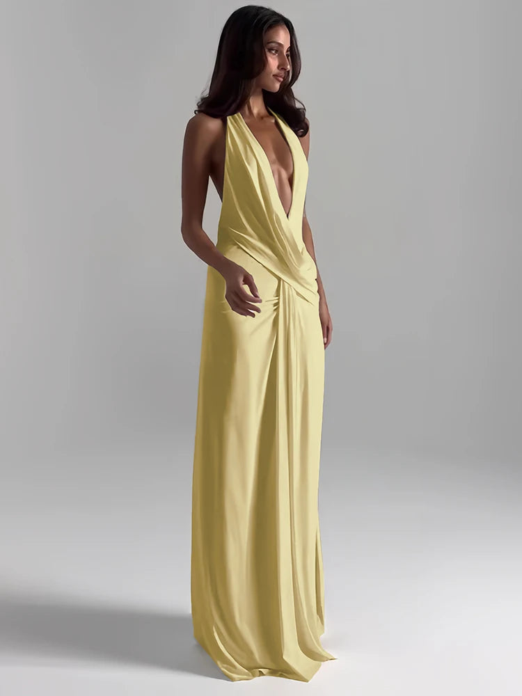 Women's Sexy High Split Long Dress Halter Deep V-Neck Backless Sleeveless Ankle-Length Polyester Elastane Summer Pool Party Dress