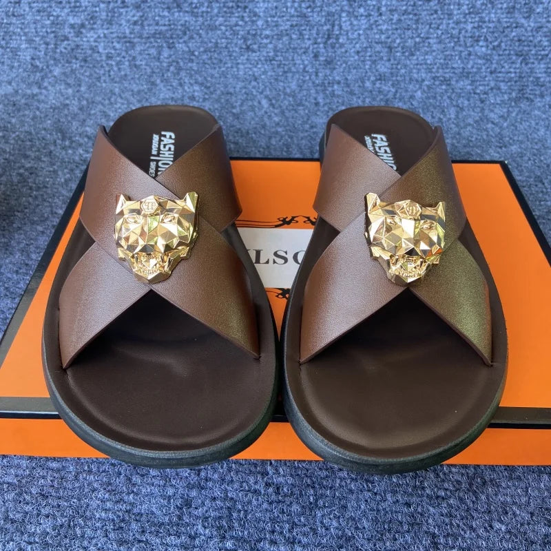 Leather slides for man black brown fashion shoes for mens slippers business beach slippers
