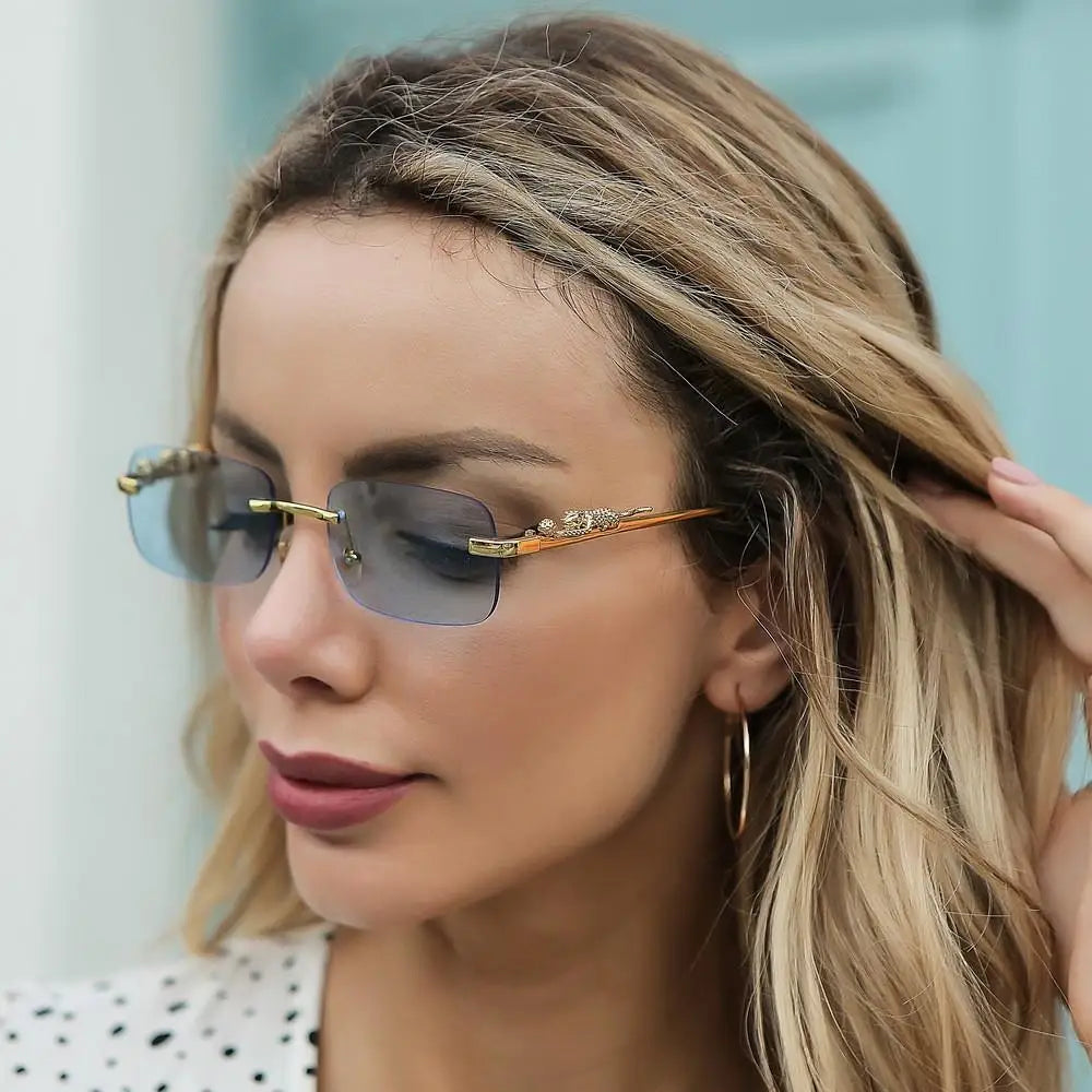 Rimless Square Sunglasses Women Men Luxury Brand Designer Popular Travel Driving Metal Leopard Head Sun Glasses Shade Eyewear