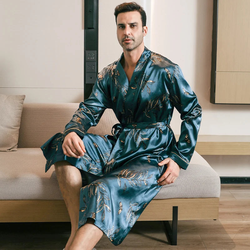 Pajama men's spring and autumn silk thin style oversized pajamas long sleeved bathrobes ice silk bathrobes