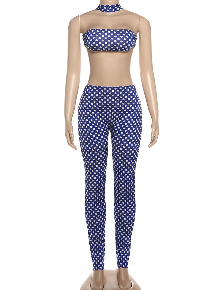 Nibber Hottie Women Dot Print 2 Piece Set Tracksuit Sexy Backless Halter Tank Tops+Leggings
