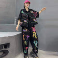 Personalized Hand-painted Denim Outfit Women 2026 Summer Short-sleeve Coat + Loose Long Pants Two-piece Set