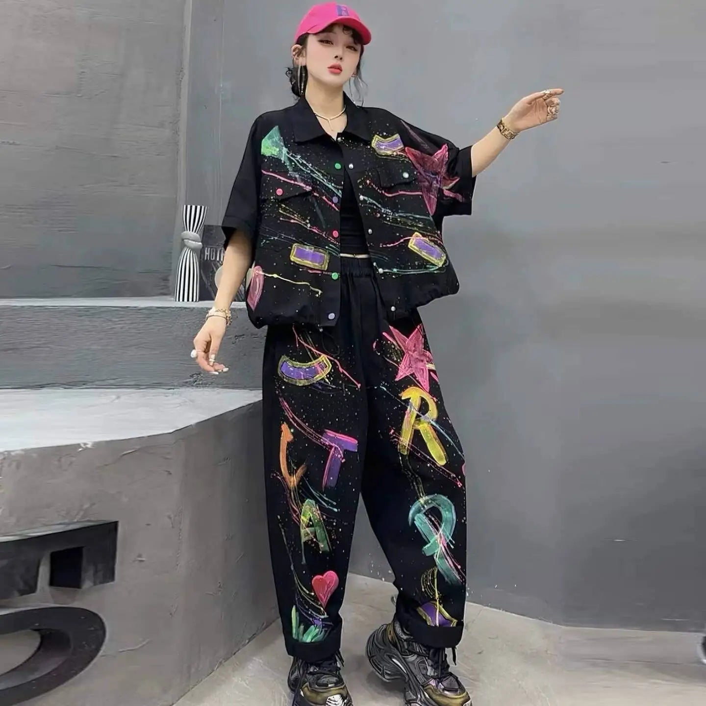 Personalized Hand-painted Denim Outfit Women 2026 Summer Short-sleeve Coat + Loose Long Pants Two-piece Set
