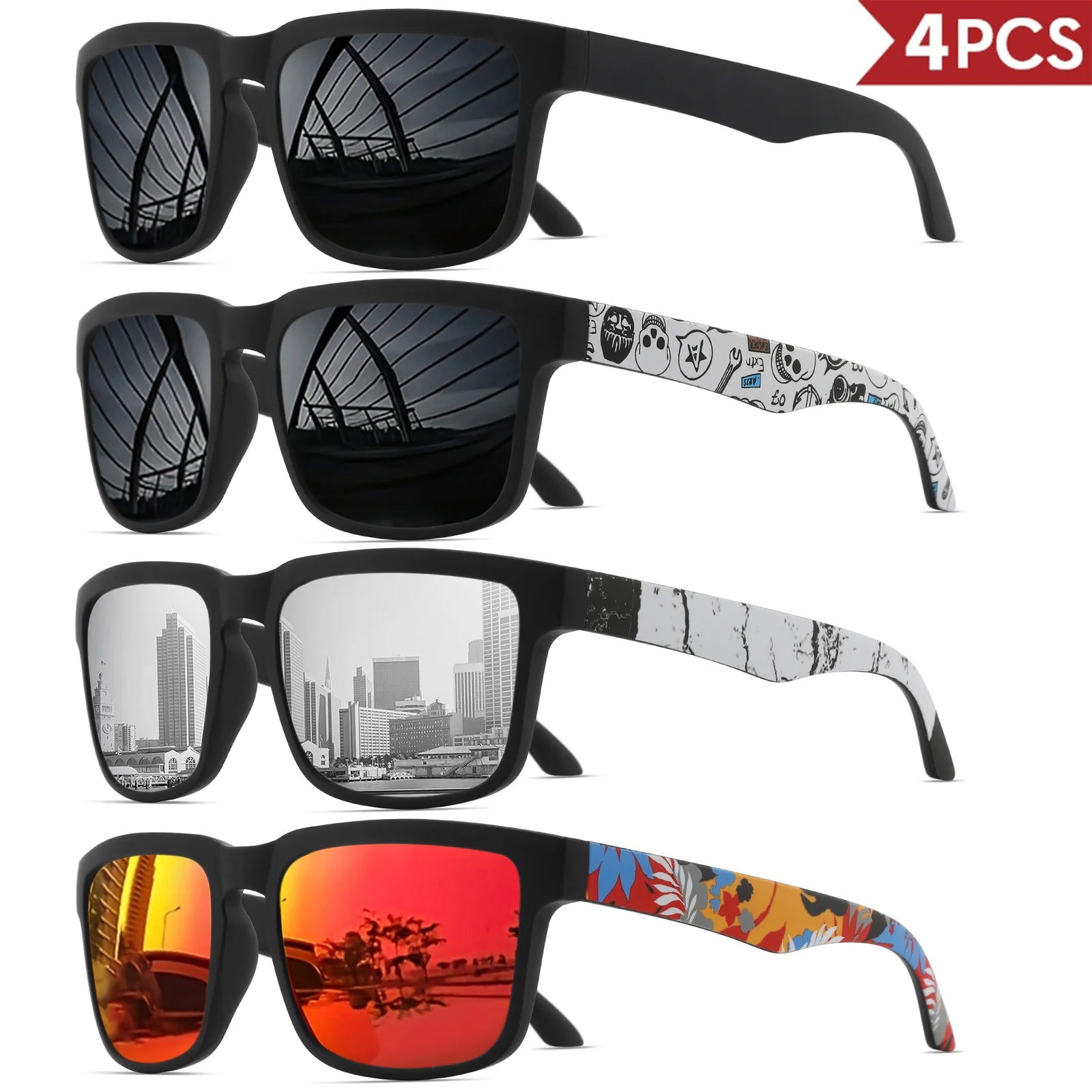 4PCS Square Sports Sunglasses with Designer Temple Pattern - UV400 for Men/Women, Beach Vacation
