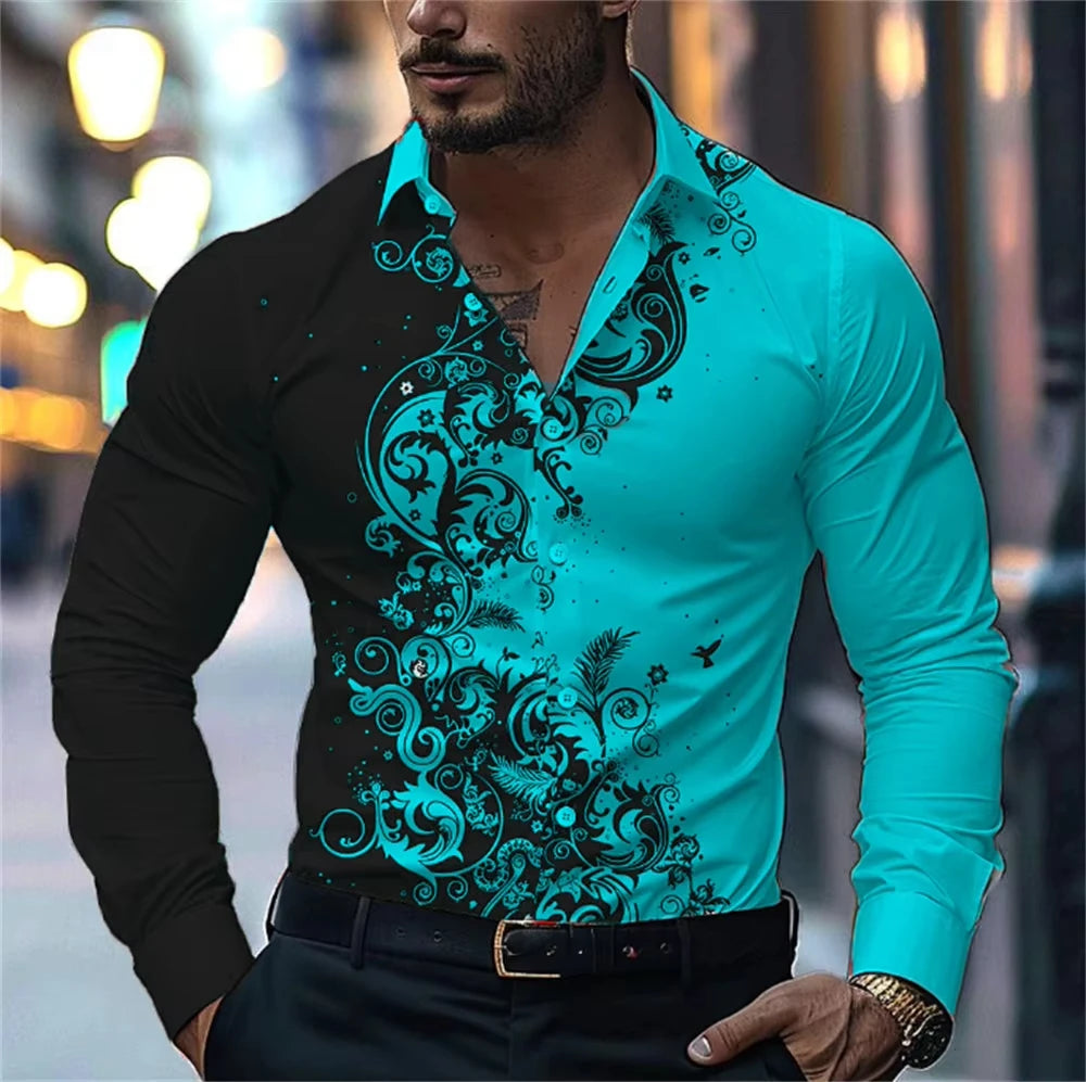 Men'S Stylish Floral Print Dress Shirt - Casual Long Sleeve Button-Up Design Floral Print Shirt