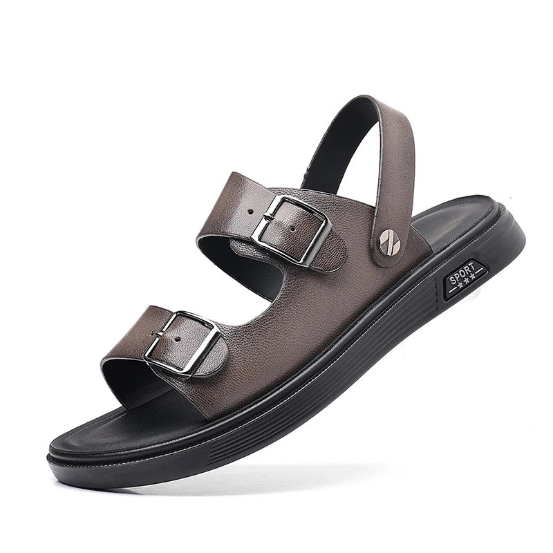 Mens First Layer Sheepskin Summer Sandals Genuine Leather Beach Shoes Casual Slip On Leather Slippers Comfortable Outdoor Male