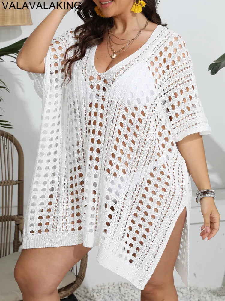 Solid Women Plus Size Cove Up Short Sleeve Large Big Tunic Lady Chubby Beach Dress Brazilian Summer Swimsuit Cover-Ups
